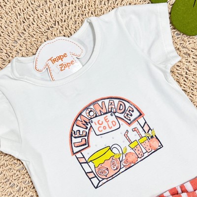 Conj. Blusa Lemonade Ice Cold e Short Listrado em Sarja - Off White